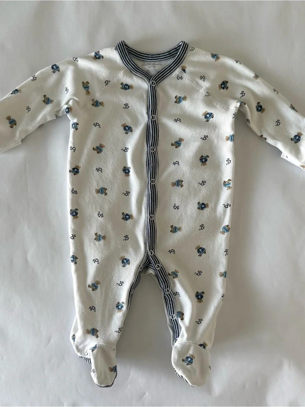 Ralph Lauren Baby Boy Polo Bear Cotton Footed Pajamas Blue/White OnePiece 3-6 Mo